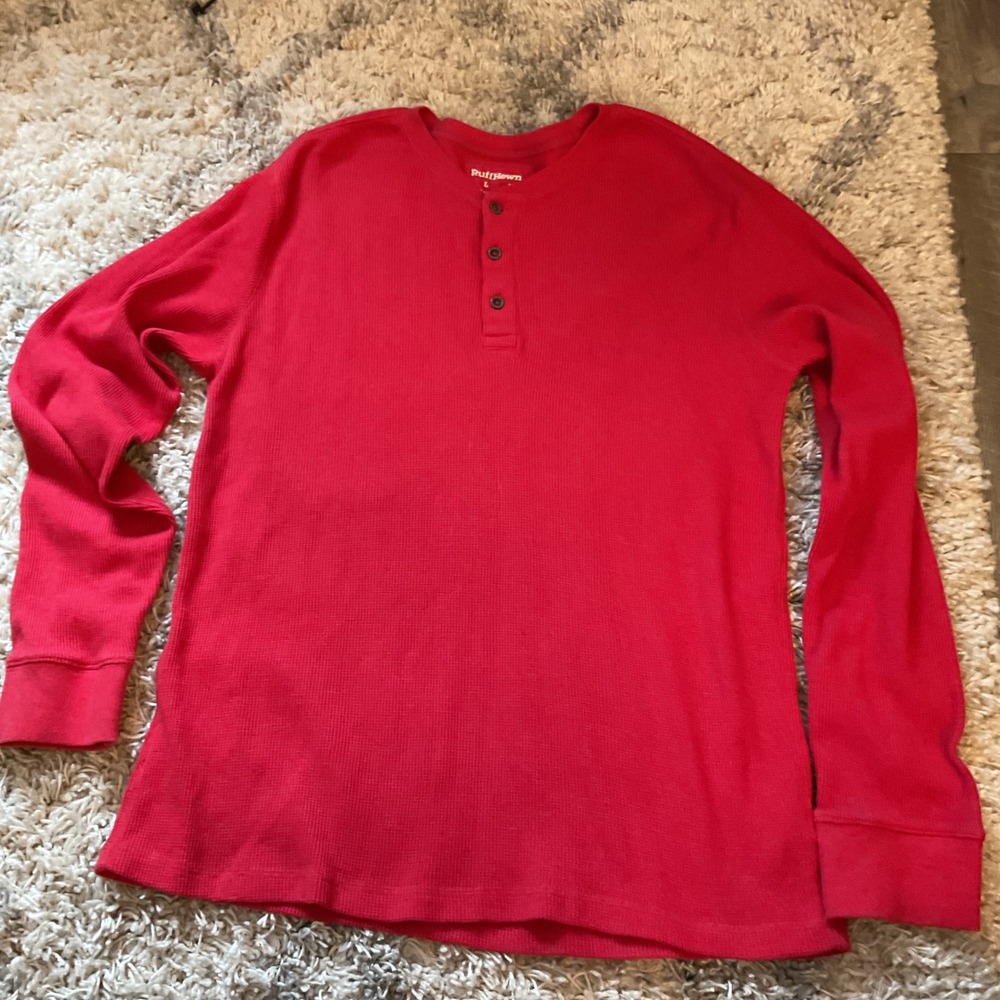 RuffHewn Mens Red Waffle Knit Thermal Henley Long Sleeve Shirt Large